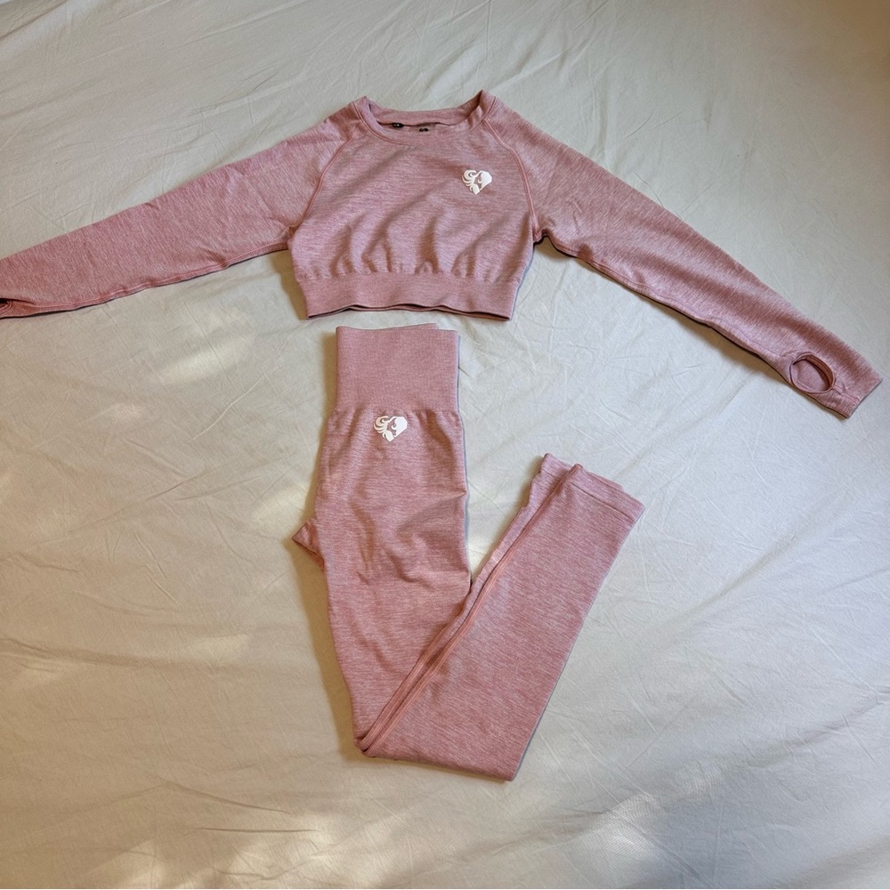 Pink Long Sleeve Crop Top and Leggings Set